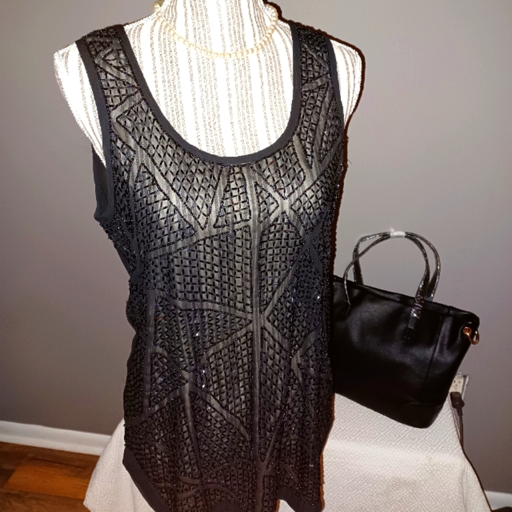 Bebe sleeveless black chiffon and full front beaded top, NWOT, size Med